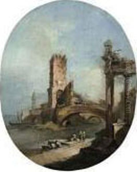 A Capriccio With A Ruined Temple, A Fortified Bridge And Acampanile On The Lagoon Oil Painting by Francesco Guardi