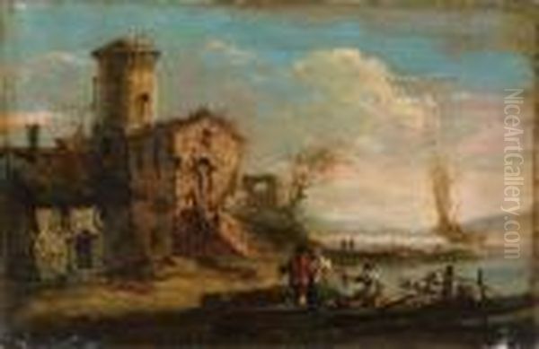 Pecheurs Et Promeneur Au Bord D'un Lac Oil Painting by Francesco Guardi