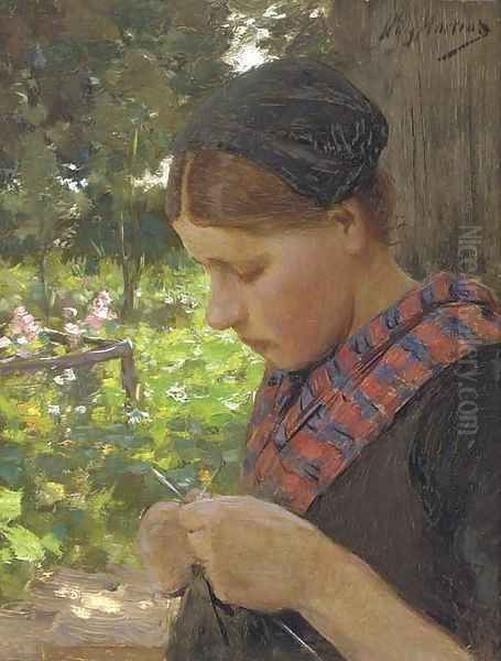 A girl knitting Oil Painting by Willy Martens