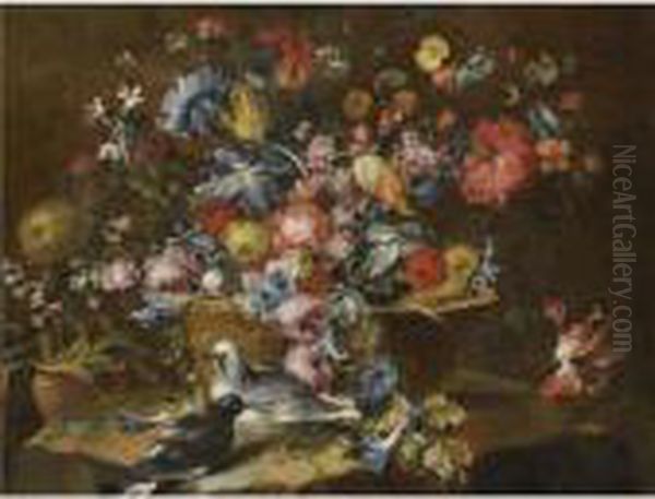 Still Life With An Array Of 
Flowers, Including Roses And Tulips, Ina Basket With Two Doves Oil Painting by Francesco Guardi