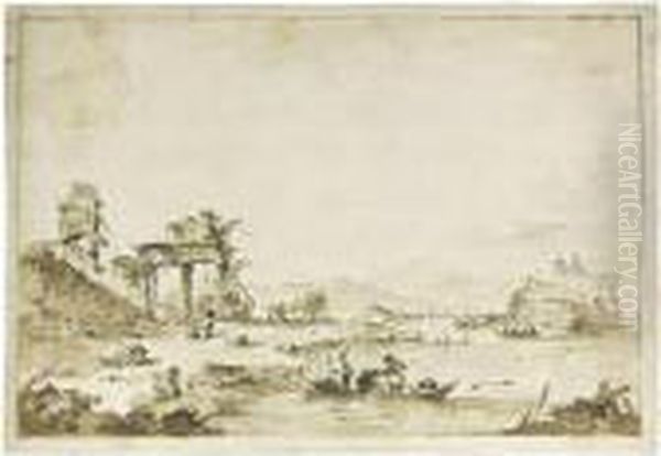 A Capriccio With Figures, An Island To The Right And A Boatin The Foreground Oil Painting by Francesco Guardi