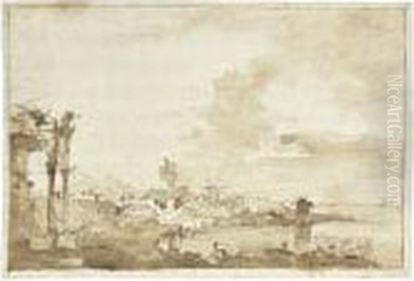 A Capriccio With Figures By A 
Shore, A Ruined Arch To The Right,and Other Buildings And A Bridge Oil Painting by Francesco Guardi