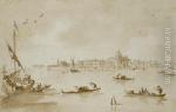 L'ile De La Giudecca Avec L'eglise Des Zitelle, Des Gondoles Aupremier Plan Oil Painting by Francesco Guardi