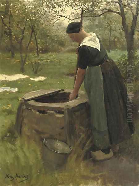 Fetching water from the well Oil Painting by Willy Martens