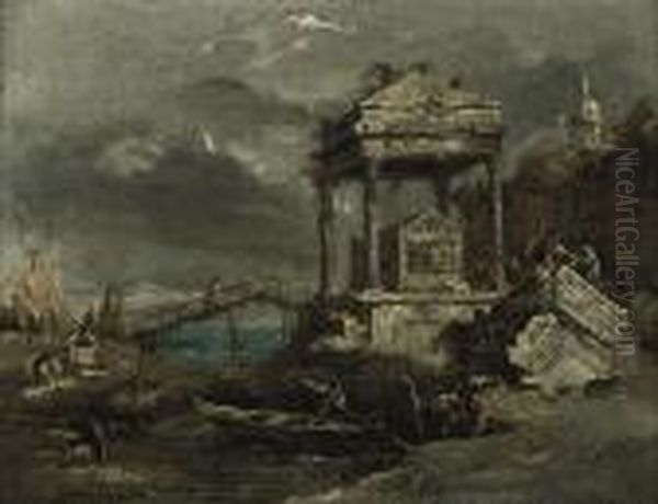 A Coastal Landscape With A Tomb And Women Washing Clothing On Abank Oil Painting by Francesco Guardi