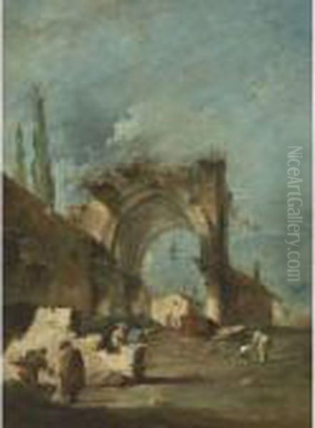 A Capriccio Of Buildings With Figures By A Ruined Arch Oil Painting by Francesco Guardi