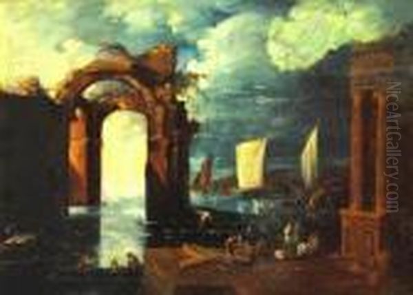 Figures With Shipping By Italianate Ruins In An Arcadian Landscape Oil Painting by Francesco Guardi