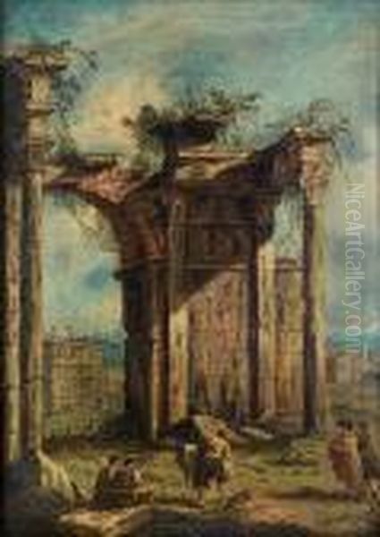 Figures Beneath A Ruined Arch Oil Painting by Francesco Guardi