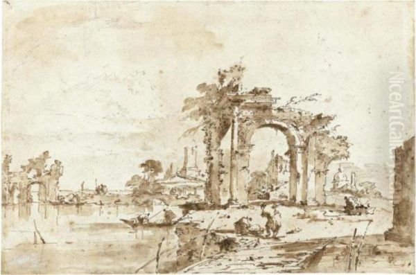 An Architectural Capriccio Oil Painting by Francesco Guardi