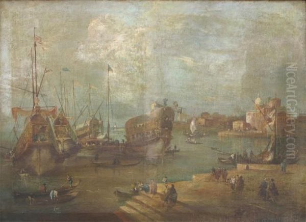 Venetian Scene With Ceremonial Barges At Anchor Oil Painting by Francesco Guardi