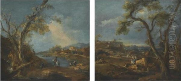 A Pair Of Capriccio River Landscapes With Figures In The Foreground Oil Painting by Francesco Guardi