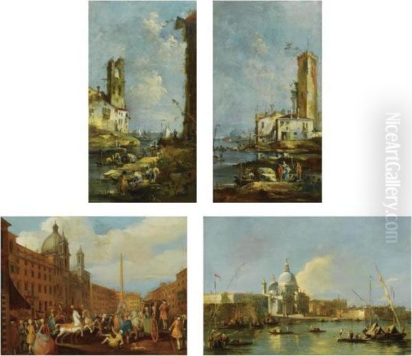 A Pair Of Italianate Harbour 
Scenes, With Small Vessels, And Numerous Figures On The Quays Oil Painting by Francesco Guardi