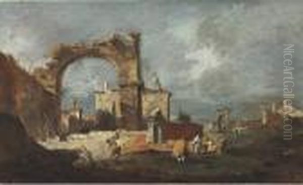 A Capriccio With A Ruined Arch And A Villa Beyond, Figures In Theforeground Oil Painting by Francesco Guardi