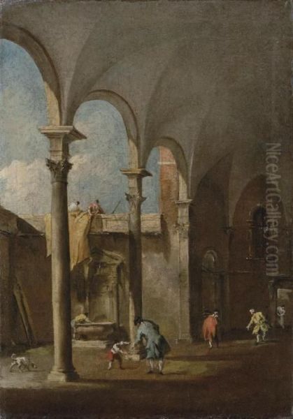 A Capriccio Of An Arcade In A Courtyard, With A Man Talking To Aboy And Other Figures Oil Painting by Francesco Guardi