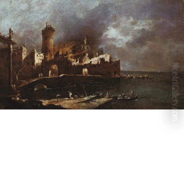 Incendio Di Un Castello Sulla Riva Del Mare Oil Painting by Francesco Guardi