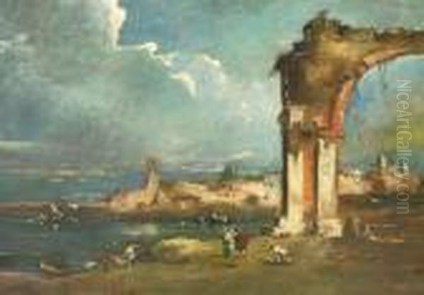 A Coastal Landscape With Figures Near A Ruined Arch. A Walled Townbeyond Oil Painting by Francesco Guardi