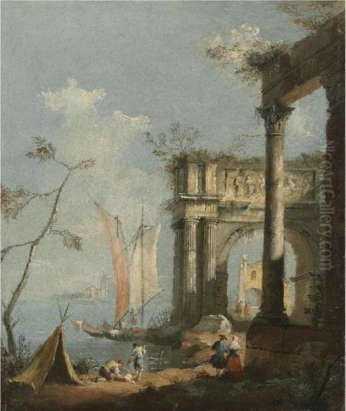 A Venetian Architectural Capriccio With Fishermen And Elegant Figures In The Foreground Oil Painting by Francesco Guardi