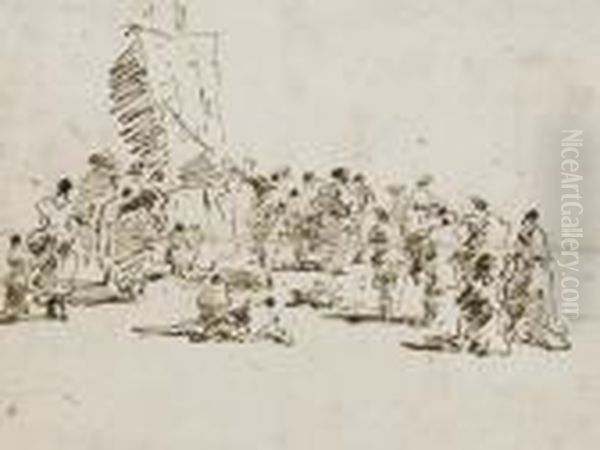 Une Foule De Personnages Autour 
D'un Homme Pointant Son Baton Sur Un Chevalet (recto); Etudes D'elements
 Architecturaux (verso) Oil Painting by Francesco Guardi