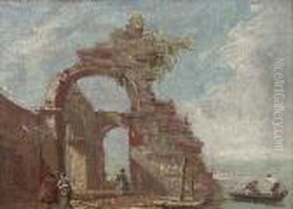 A Capriccio With Figures Under An Arch, And Figures In A Boat On The Lagoon Oil Painting by Francesco Guardi