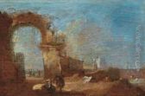 Capriccio Con Arco In Rovina In Riva Alla Laguna Oil Painting by Francesco Guardi