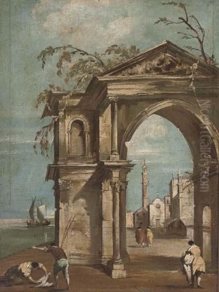 A Venetian Capriccio With Figures By A Classical Arch Oil Painting by Francesco Guardi