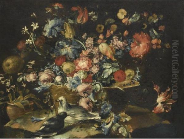 A Still With Various Flowers In A Basket, Together With Two Doves In Landscape Oil Painting by Francesco Guardi