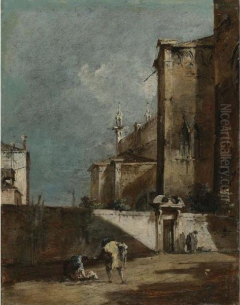 Architectural Capriccio With Figures By The Walled Garden Of A Gothic Church Oil Painting by Francesco Guardi