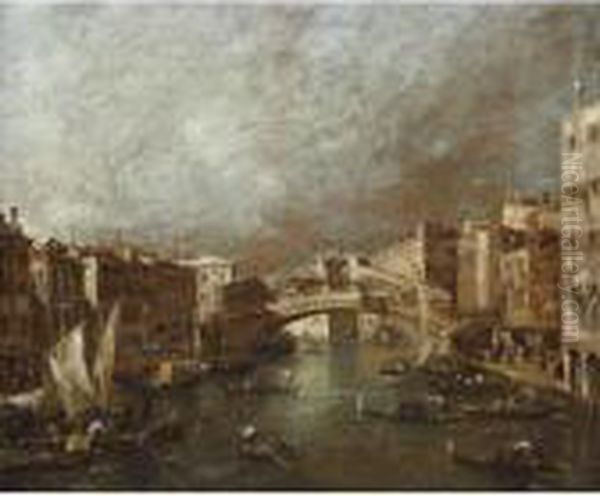 Venice, A View Of The Grand Canal With The Riva Del Vin And The Rialto Bridge Oil Painting by Francesco Guardi