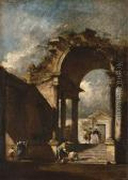 A Capriccio With Figures Amongst Classical Ruins Oil Painting by Francesco Guardi