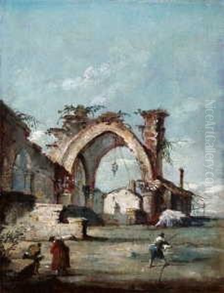 Nachfolge Zwei Architektonische Capriccios. Ol Auf Leinwand. H Je 21; B Je 16,2 Cm Oil Painting by Francesco Guardi