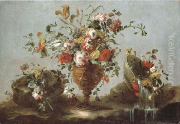 Roses, Peonies And Tulips In A 
Gold Sculpted Urn With Flowers In A Pewter Bowl By A Rock Pool Oil Painting by Francesco Guardi