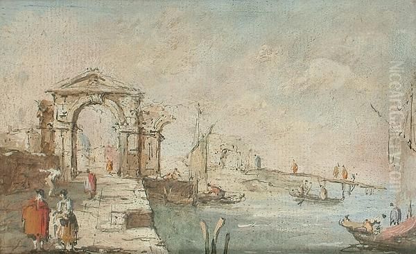 A Lagoon Scene With Figures On The Banks Before A Ruined Arch Oil Painting by Francesco Guardi