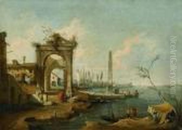 View With Harbour And Obelisk. Oil Painting by Francesco Guardi