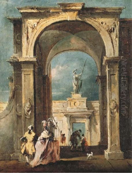 A Capriccio With An Elegant 
Couple Approaching An Arch Descendingto A Doorway Surmounted By A Statue
 Of Minerva Oil Painting by Francesco Guardi