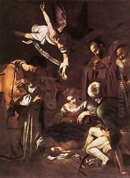 Nativity with St Francis and St Lawrence Oil Painting by Michelangelo Merisi Da Caravaggio