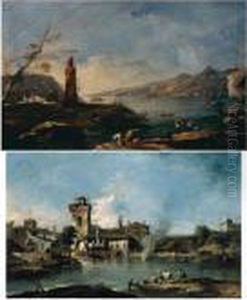 A Capriccio Landscape With A 
Rustic Village And Medieval Tower, A Fire In The Middle-ground, And A 
Herder Driving Cattle Towards A River; A Capriccio Landscape With A 
Rustic Tower By A Lake, Figures Loading Their Wares On A Boat In The 
Foreground Oil Painting by Francesco Guardi