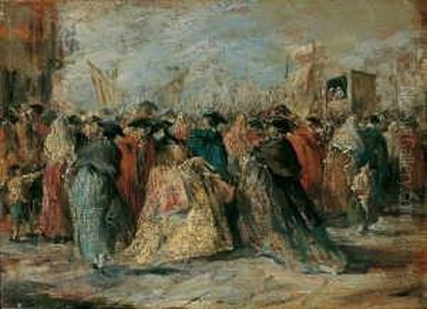 Nachfolge Maskentreiben Wahrend 
Des Karnevals In Venedig. Ol Auf Hol. H 17,5; B 24 Cm. Provenienz: Slg. 
Bremen, Krefeld Oil Painting by Francesco Guardi