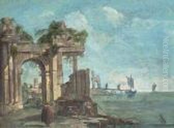 A Capriccio Of A Mediterranean Harbour With Figures Amongstclassical Ruins Oil Painting by Francesco Guardi