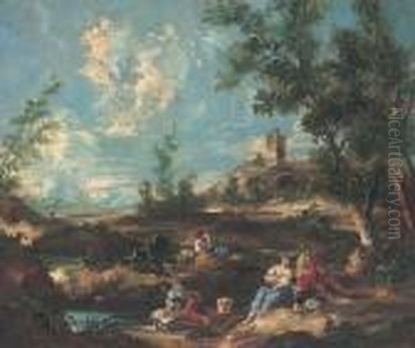 A Landscape With Anglers By A River, A Town Beyond Oil Painting by Francesco Guardi