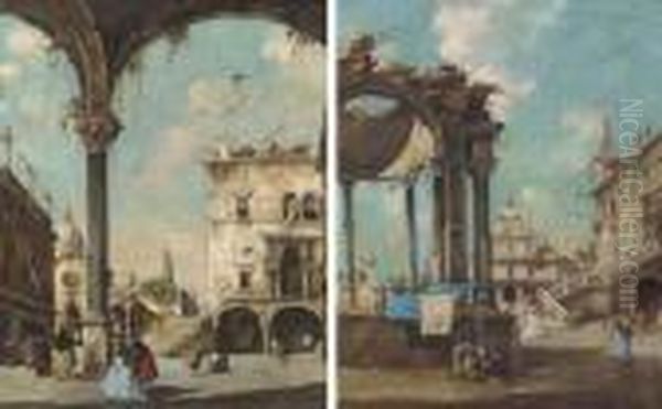 Elegant Figures Beneath Arches; And Figures By A Fountain In Asquare Oil Painting by Francesco Guardi