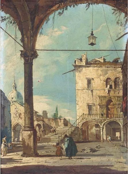 Elegant Figures Beneath Arches Oil Painting by Francesco Guardi