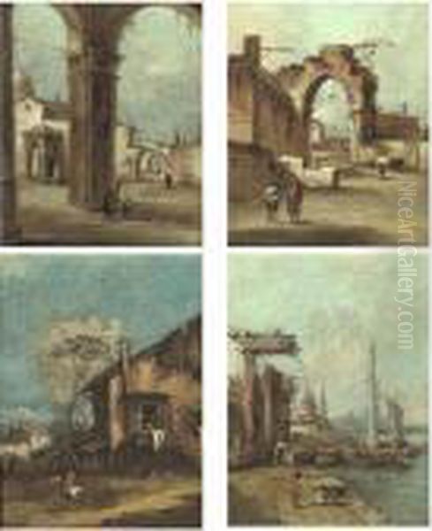 A Portico With A Church Beyond; A
 Ruined Arch; A Rustic Cottage; A Port Scene With Ruined Columns Oil Painting by Francesco Guardi