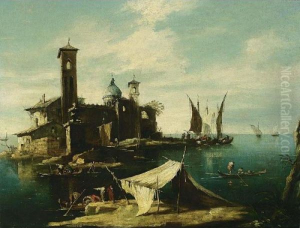 A Capriccio Of A Venetian Lagoon
 With Fishermen In Gondolas In The Foreground And A Fortified Island 
With A Church And Campaniles Nearby Oil Painting by Francesco Guardi