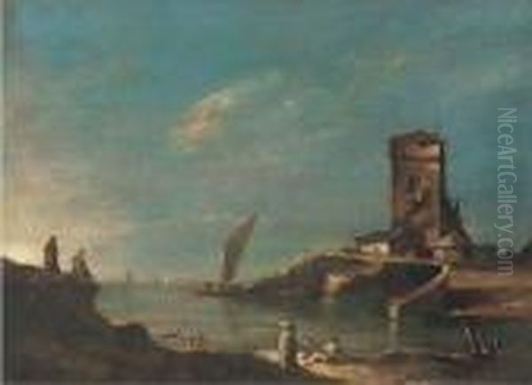 A Capriccio With A Tower, Figures In The Foreground Oil Painting by Francesco Guardi