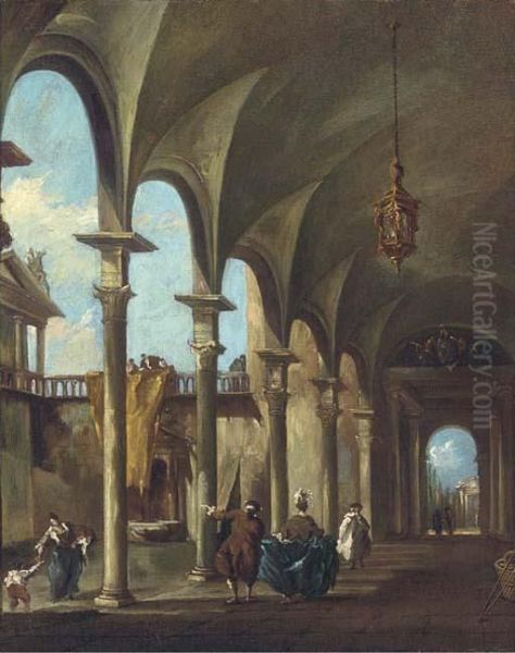 A Venetian Courtyard With Elegant Company Under A Colonnade Oil Painting by Francesco Guardi