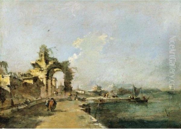 A Venetian Capriccio Of The Lagoon With Figures And A Ruined Arch Beyond Oil Painting by Francesco Guardi