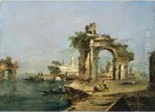 A Venetian Capriccio With Figures By The Lagoon, A Ruined Arch And Temple Beyond Oil Painting by Francesco Guardi