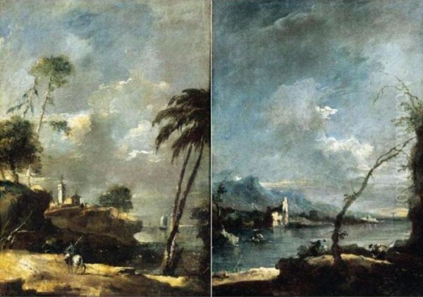 A Venetian Capriccio Of The Lagoon With A Palm Tree And A Horseman, A Chapel Beyond Oil Painting by Francesco Guardi