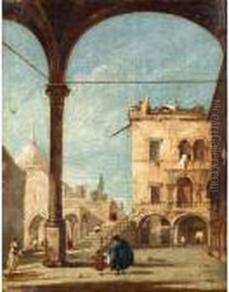 A Venetian Capriccio With Figures Standing Under A Loggia And A Chapel Beyond Oil Painting by Francesco Guardi