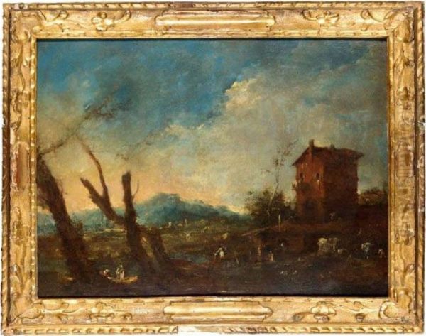 A River Landscape With Figures Before A House, Mountains Beyond Oil Painting by Francesco Guardi